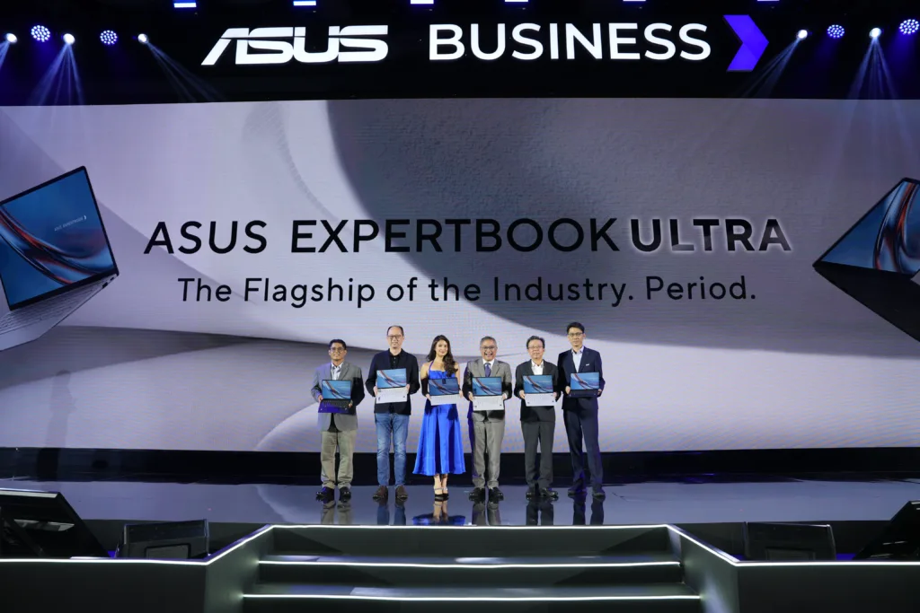ASUS Business Philippines executives Francis Avila, Rex Lee, Gabbi Garcia, Rico Hizon, and Samson Hu together onstage at the ExpertBook Ultra launch