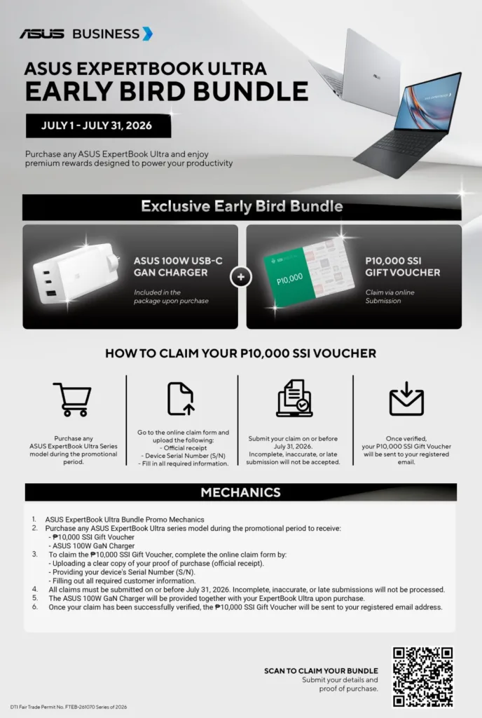 ASUS ExpertBook Ultra Early Bird Bundle promo from July 1 to July 31, 2026, offering a free 100W USB-C GaN Charger and PHP 10,000 SSI Gift Voucher